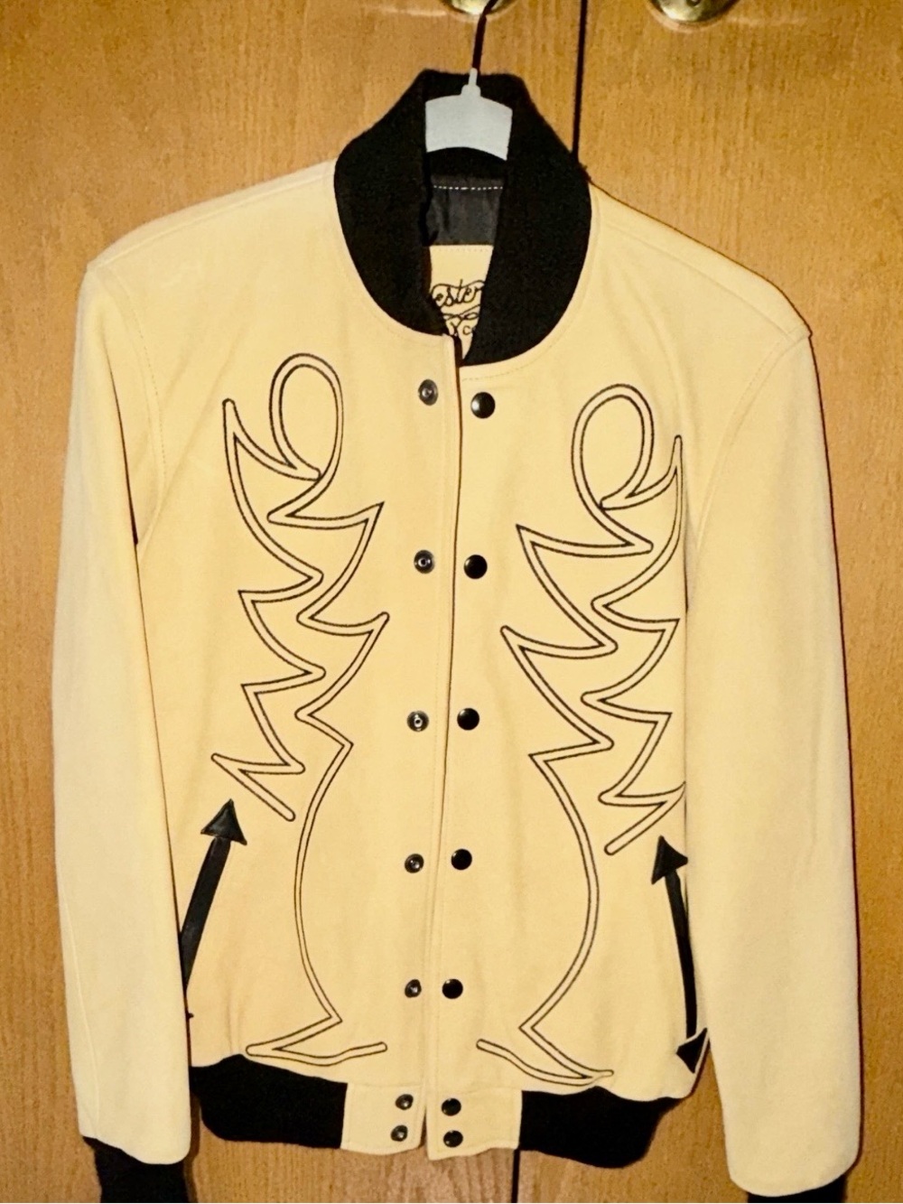 Cream Leather Bomber Jacket with Black Trim
